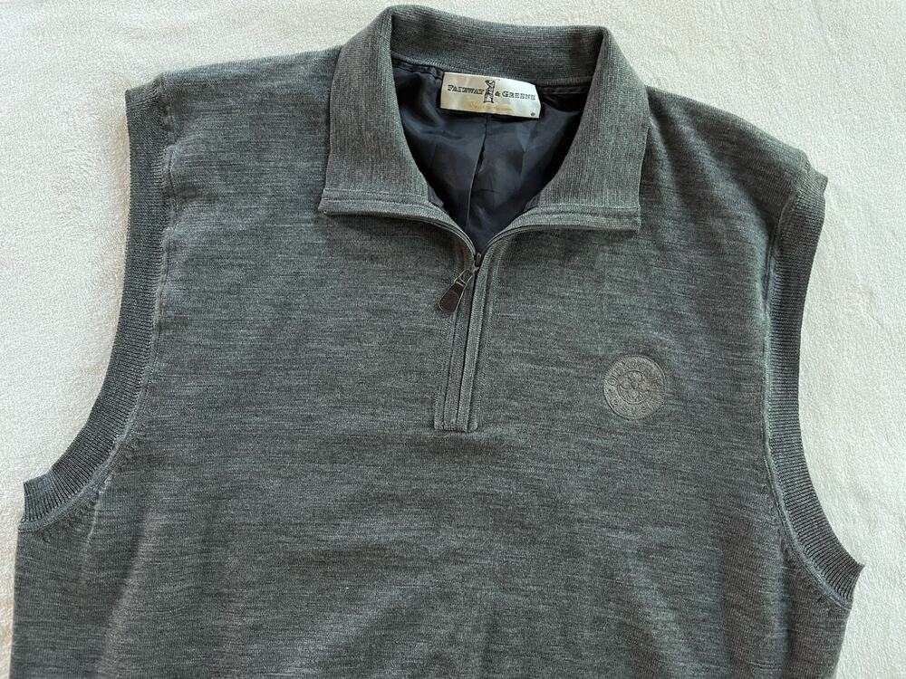 Fairway & Greene Heather Gray Wool Lined 1/4 Zip Embroidered Sweater Vest Mens L